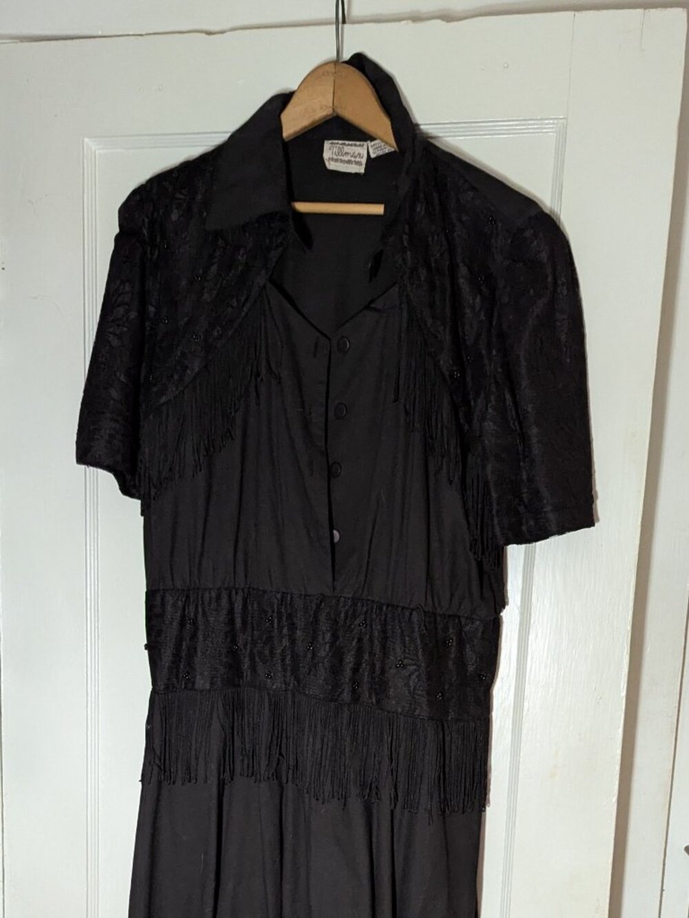 VINTAGE Western Swing Fringe Lace A-Line Dress Tillman 80s Sz M Black Rockabilly